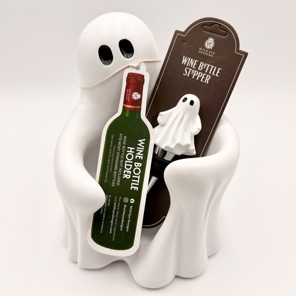 Wild Eye Designs Ghost Wine Bottle Holder and Stopper Set Halloween White Matte